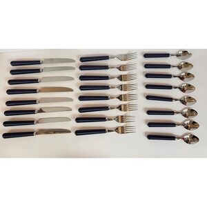 Vintage Navy Blue Ribbed Handle Flatware 24pc SS Knives, Forks, Spoons